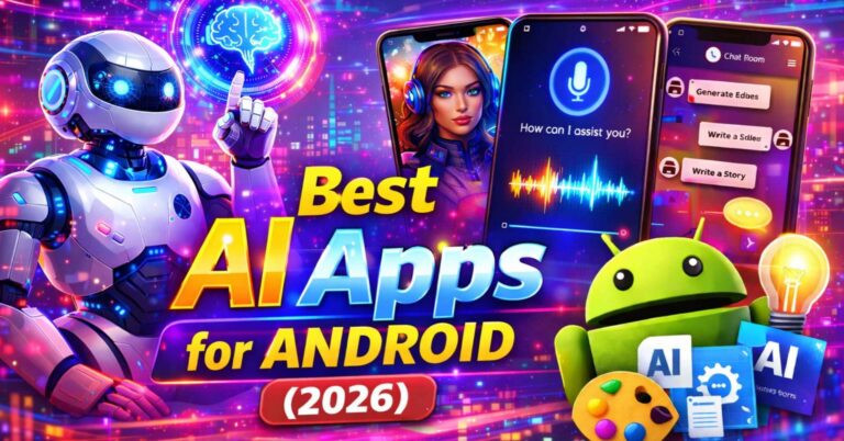 Best AI Apps for Android 2026 ke liye futuristic AI mobile apps illustration