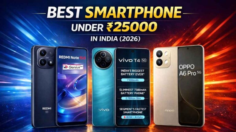 Best smartphone under 25000 in India 2026 comparison image with Redmi Note 15 5G, Vivo T4 5G and Oppo A6 Pro 5G